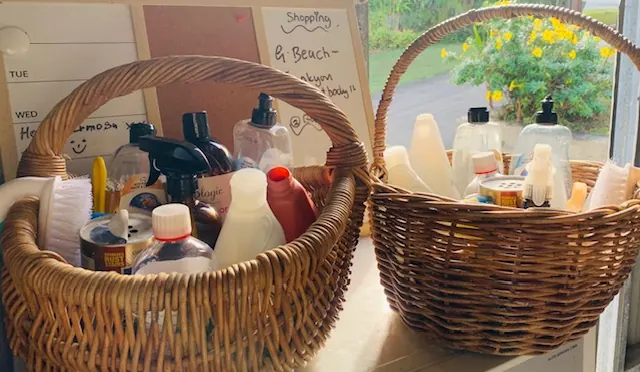 Baskets of natural, plant-based cleaning products